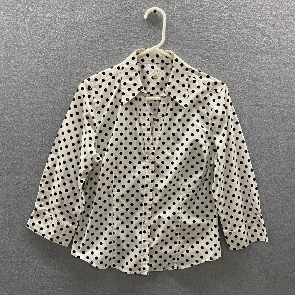 Talbots Women’s Medium Polka Dot Button Down Shirt Black White 3/4 Sleeve Cotton